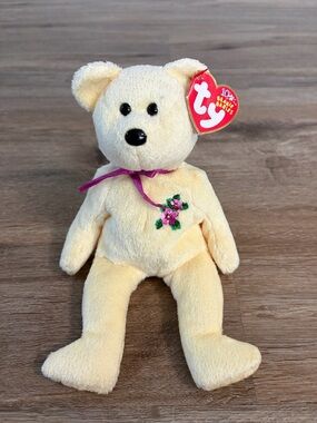 Ty Cream Plush Bear with Pink Floral Embroidery and Purple Ribbon